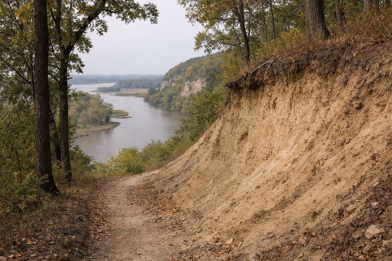 Narrow ravine in an oak and hickory forest with a steep bank of pale tan loess soil beside a dirt path
