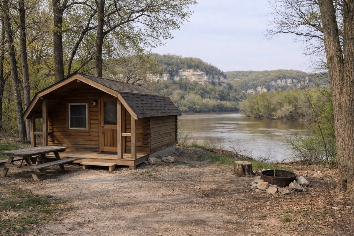A small plain wooden camping cabin with a front step on a wooded campground site