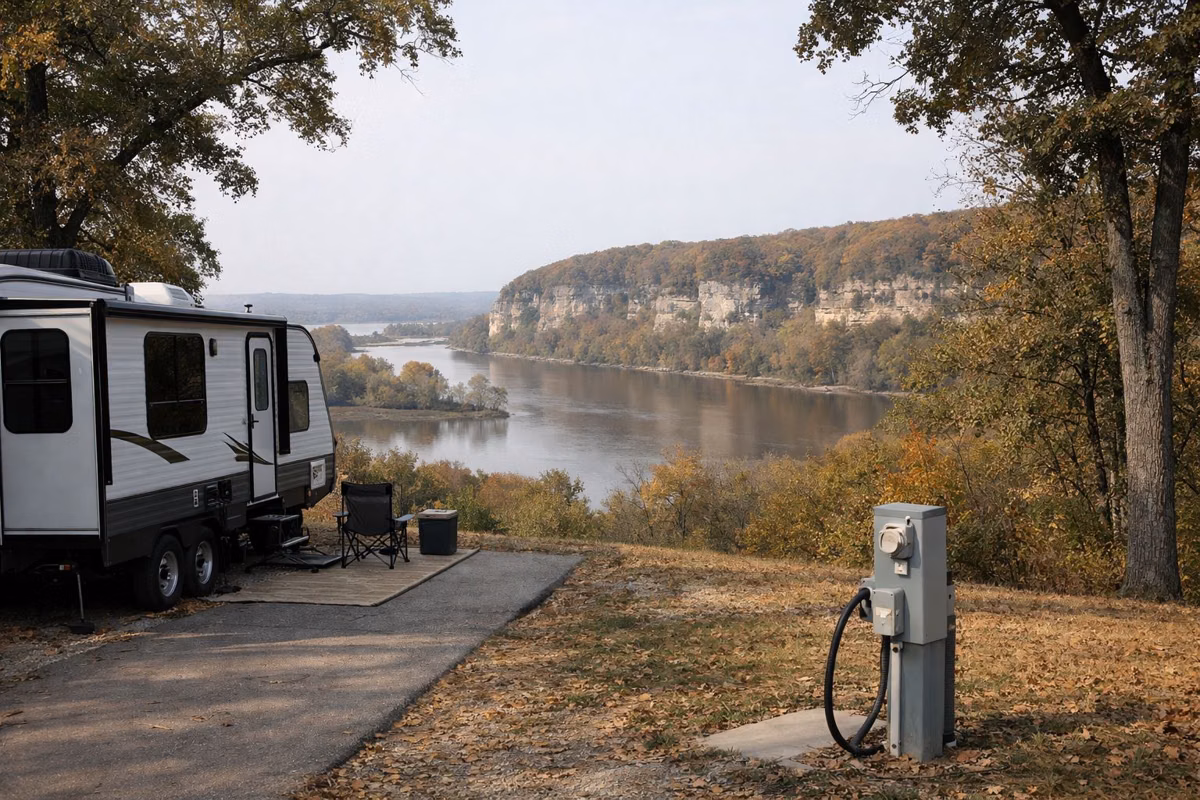 A travel trailer parked at a paved campsite with an electrical hookup post, oak trees around