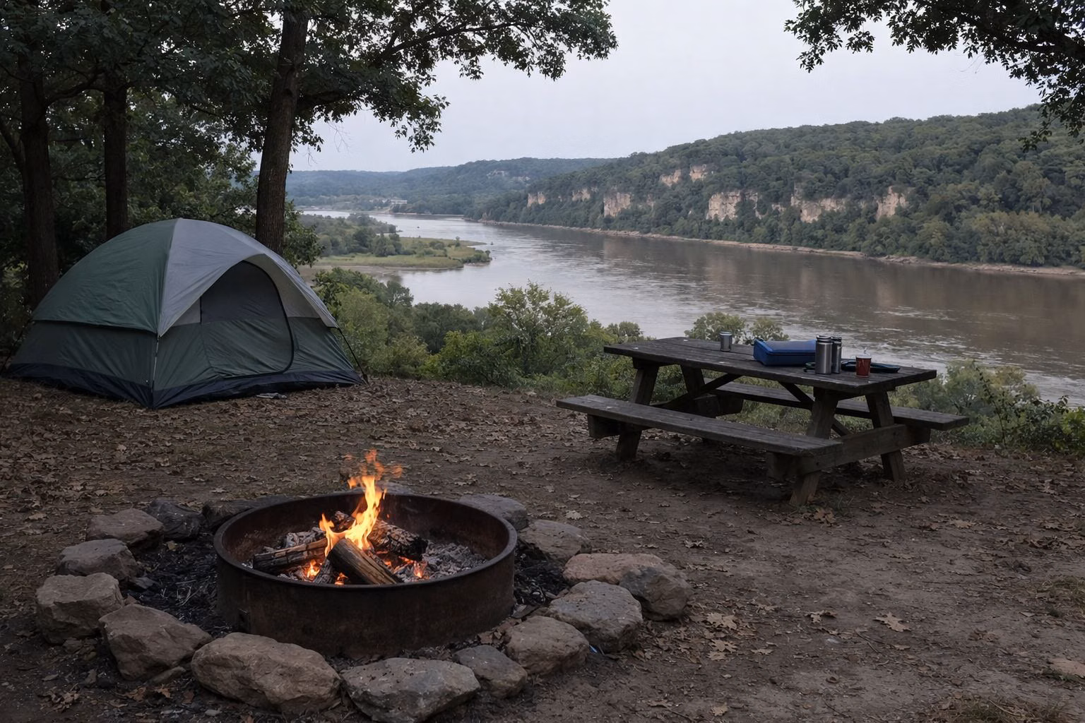 A dome tent and a picnic table at a shaded campsite in an oak woodland, campfire ring in the foreground