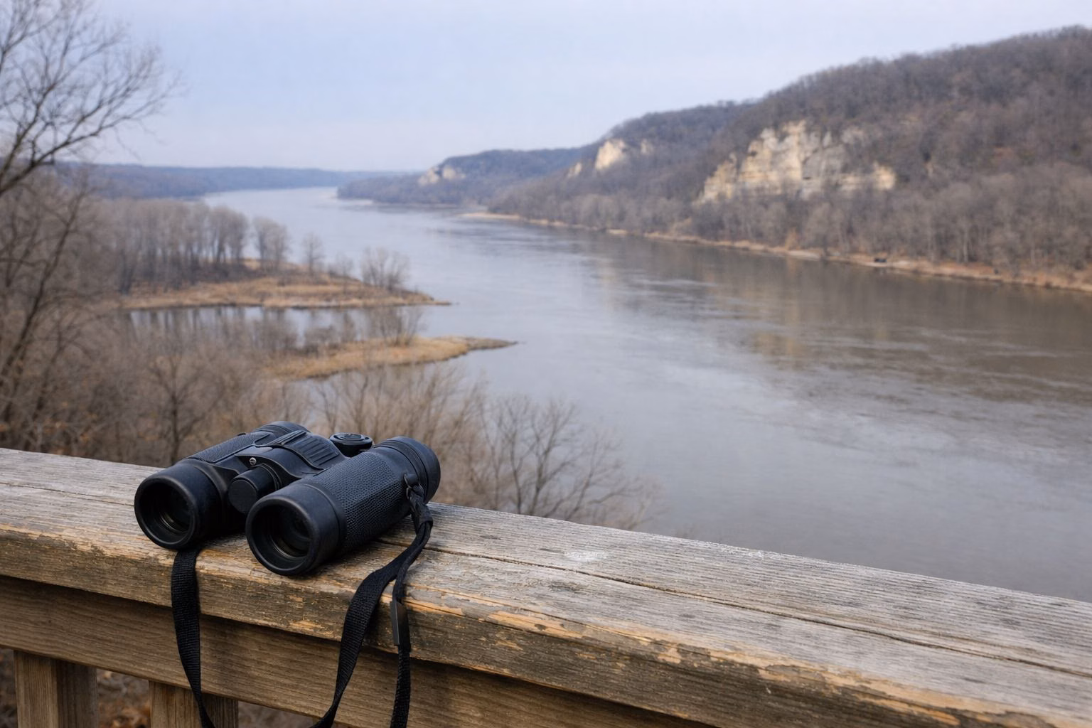 Binoculars resting on a wooden railing overlooking a wide river with bare trees on the bank