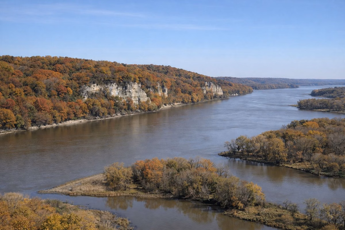 A hillside of red, orange and gold autumn trees above a wide river