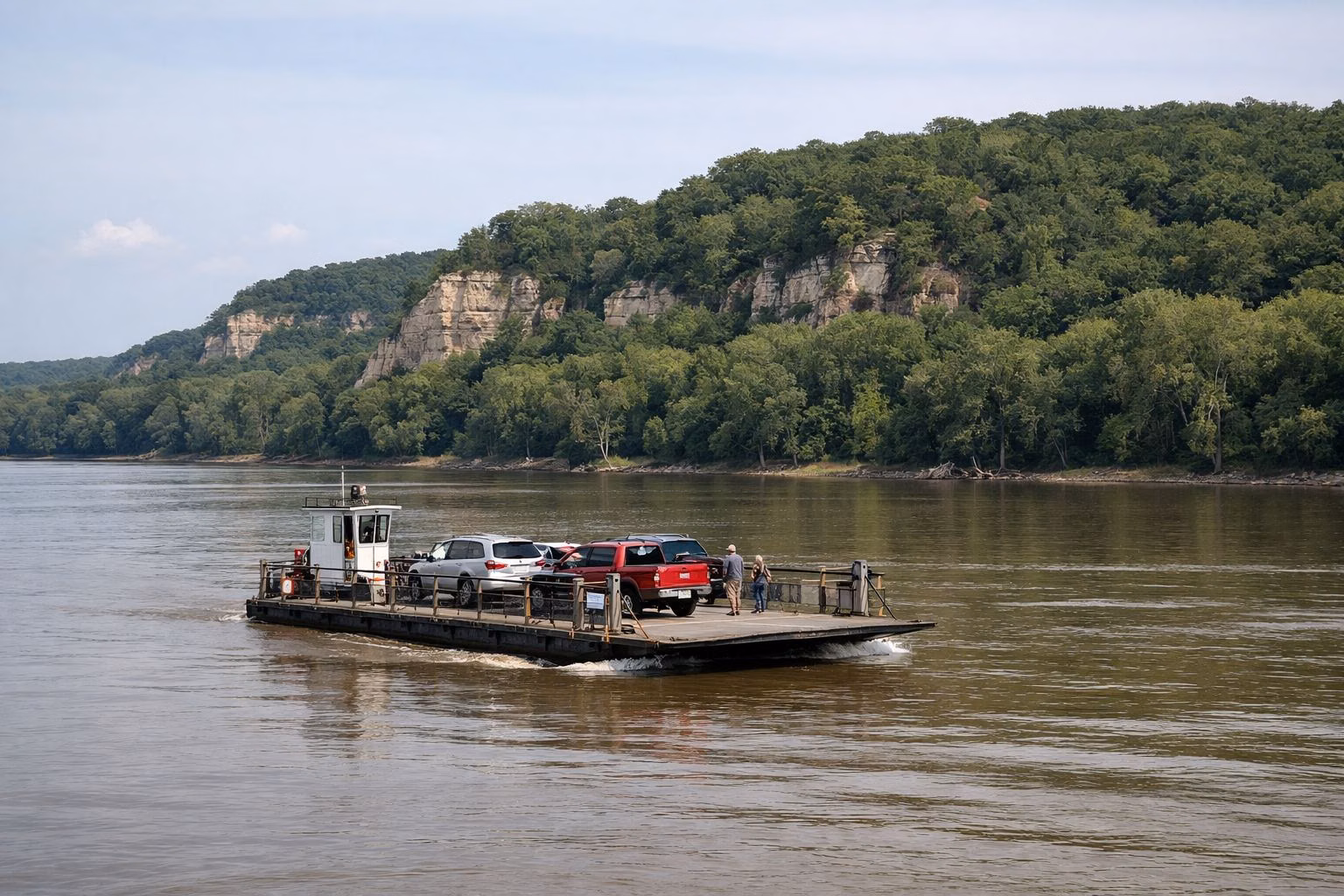 A small flat car ferry with a few cars aboard crossing a very wide calm brown river, wooded shore behind