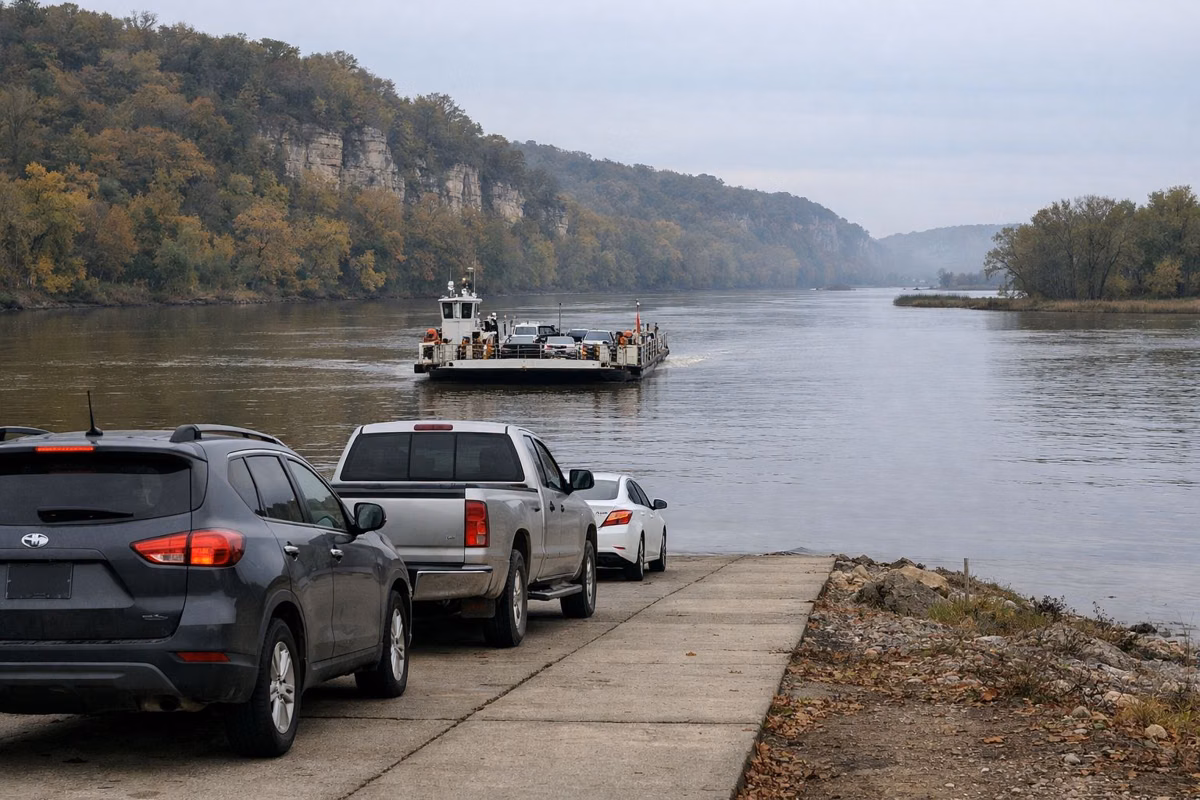 Cars waiting in line on a concrete ramp at a river ferry landing, the ferry approaching across the water