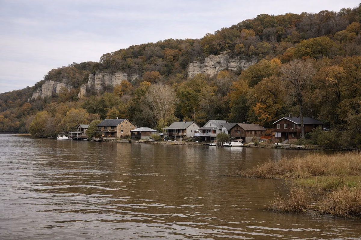 A small riverside village of old stone and wood houses at the foot of wooded bluffs, river in front