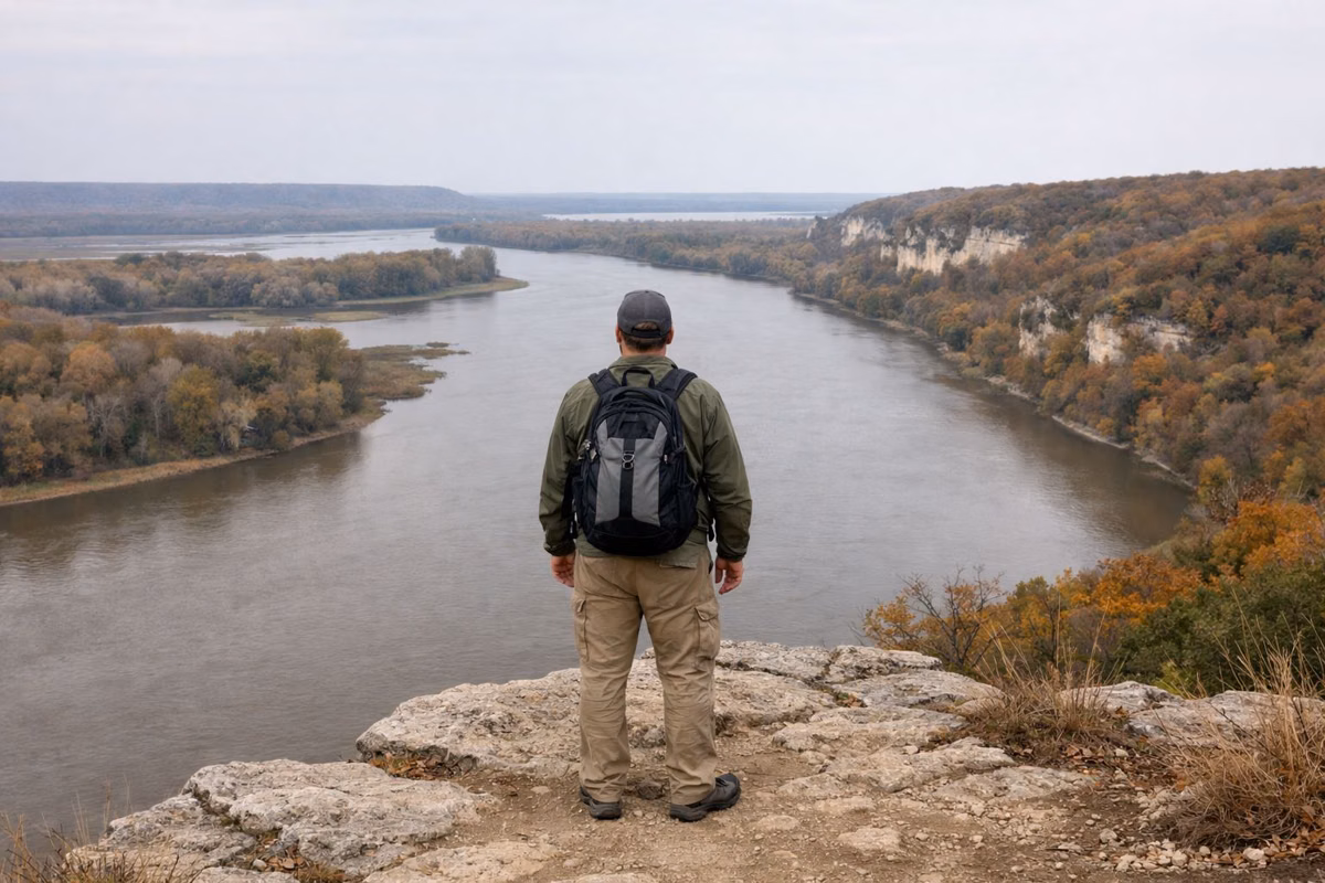 A hiker standing at an open rocky bluff edge looking out over a wide river valley in fall color