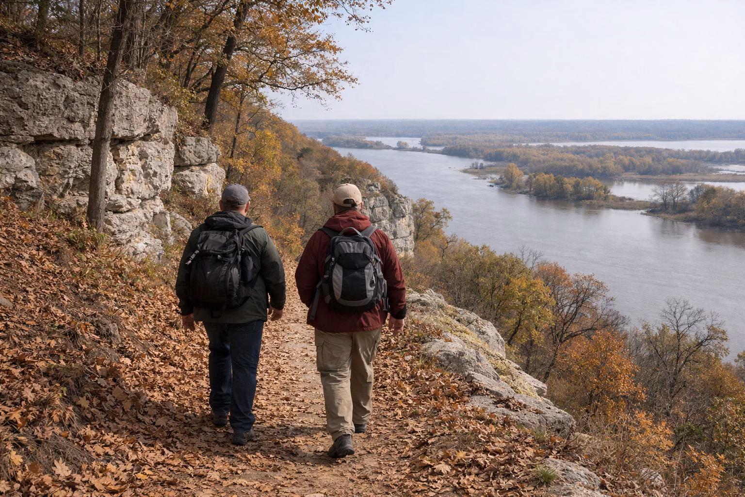 Two hikers seen from behind walking a leaf-covered dirt trail through oak and hickory forest