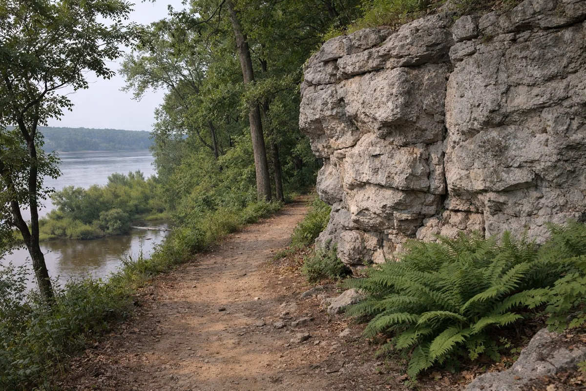 A dirt trail passing a weathered gray limestone outcrop with ferns in a shady forest