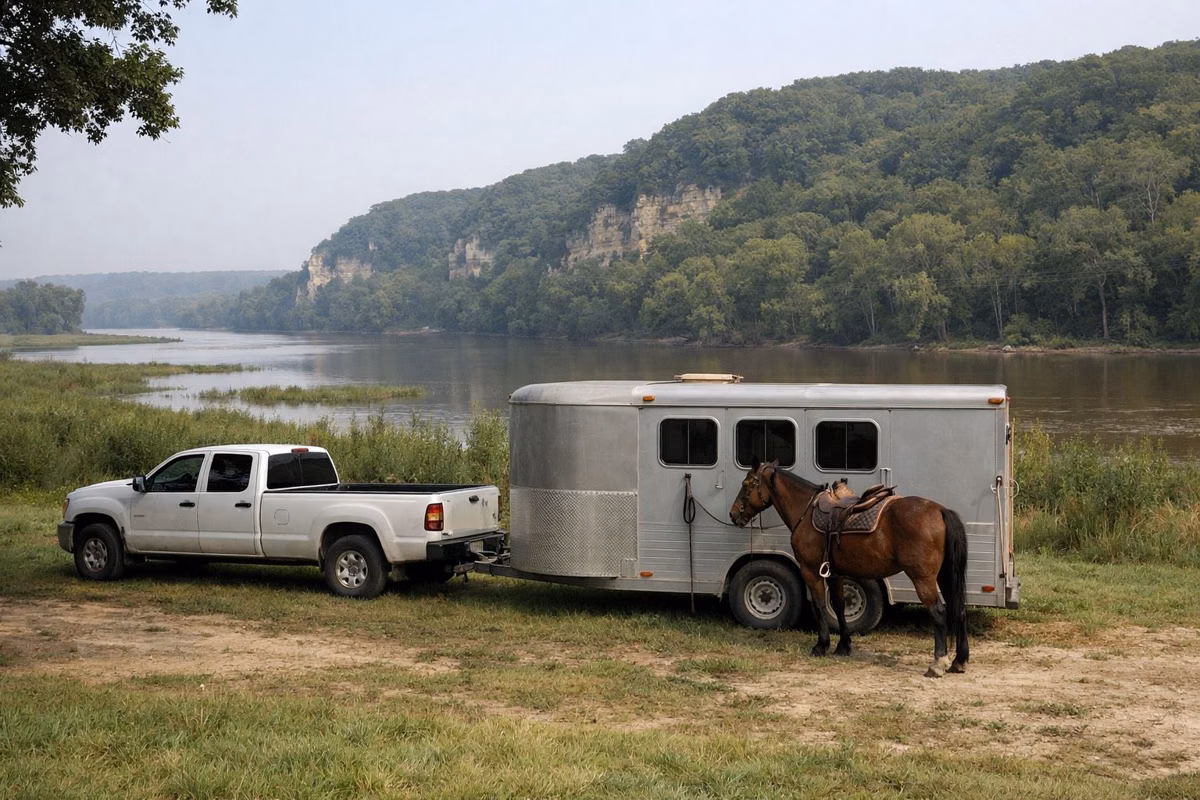 A horse trailer and pickup parked in a grassy lot at the edge of the woods, a saddled horse tied beside it