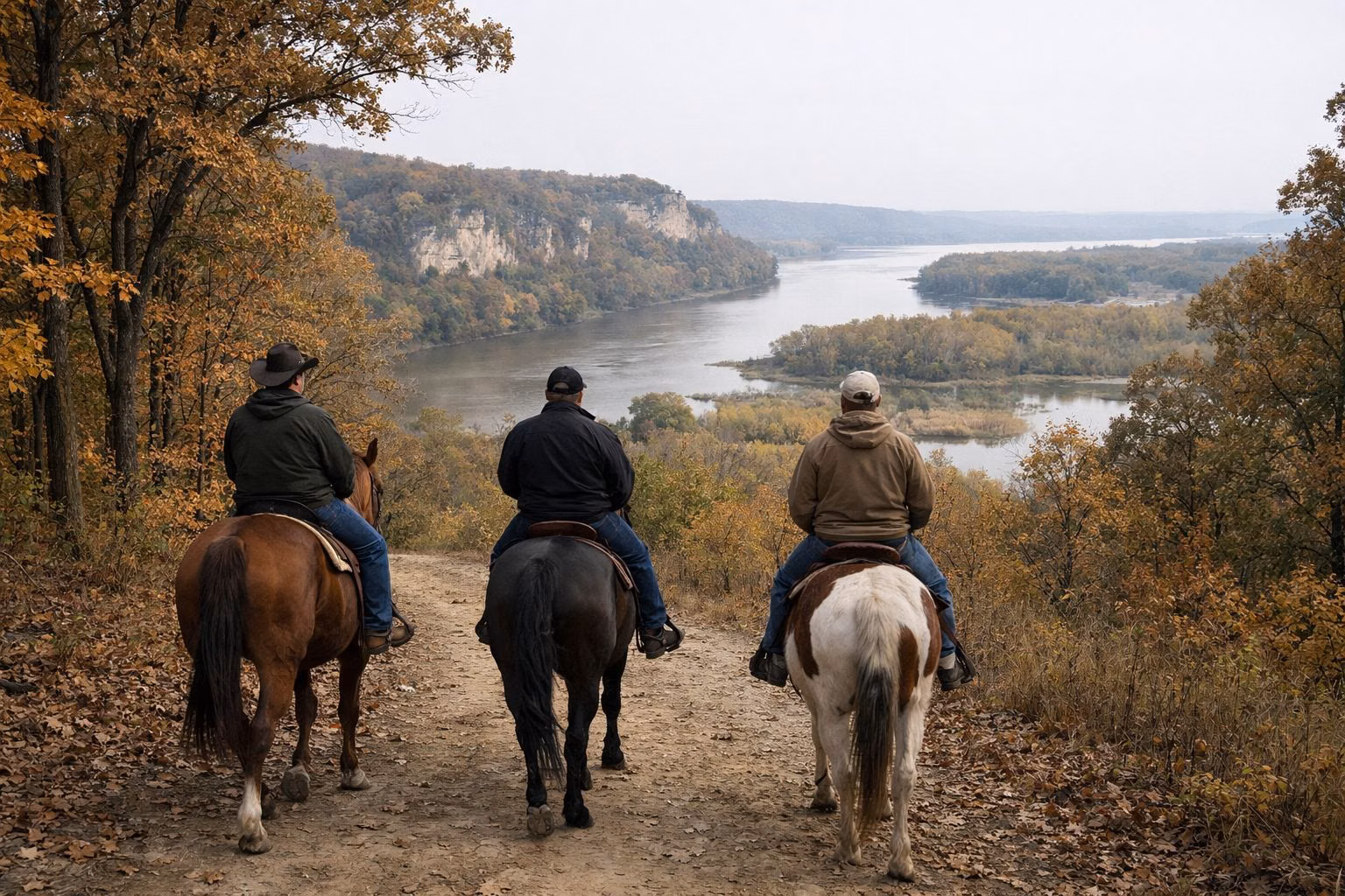 Three trail riders on horseback seen from behind on a wide dirt trail through autumn oak forest