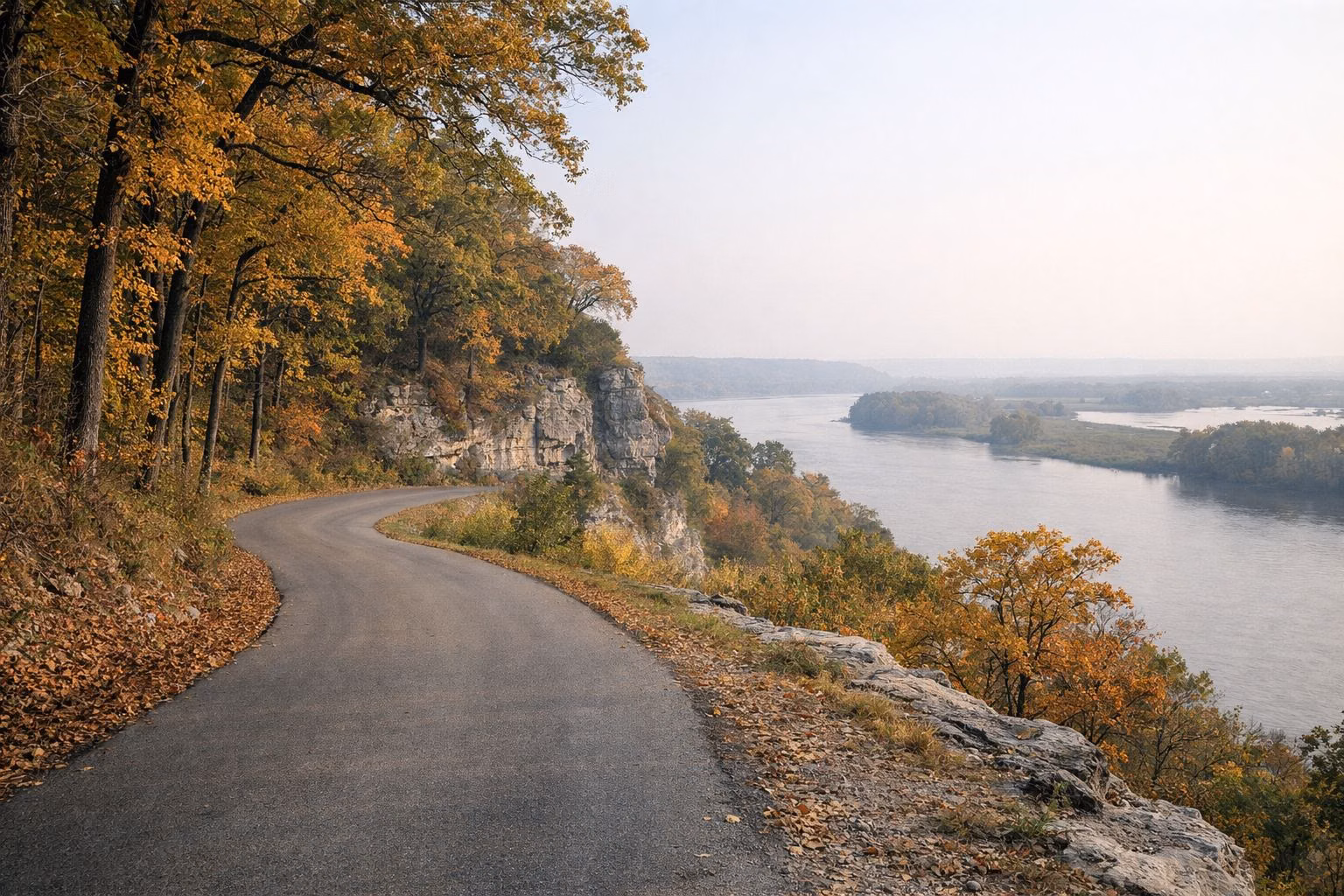 A quiet winding paved park road through oak forest with yellow and orange leaves, soft morning light