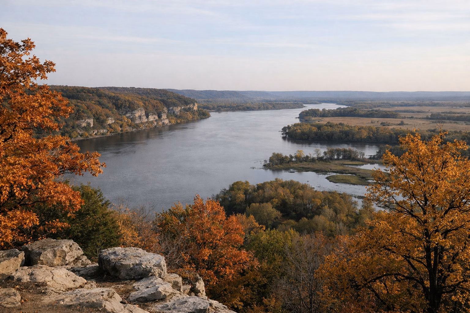 Panoramic view from a high wooded bluff summit over a broad river and flat floodplain to distant hills, autumn color in the foreground trees