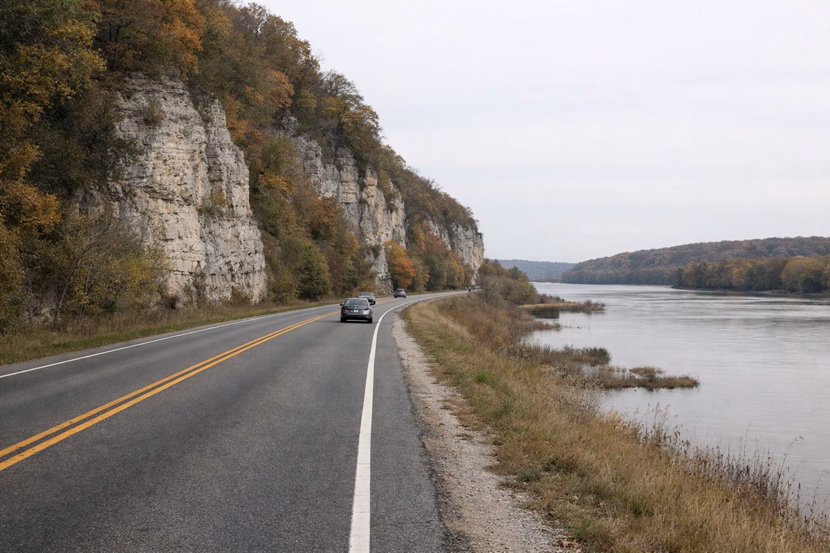 A two-lane highway running along the base of tall pale limestone bluffs with a wide river on the other side