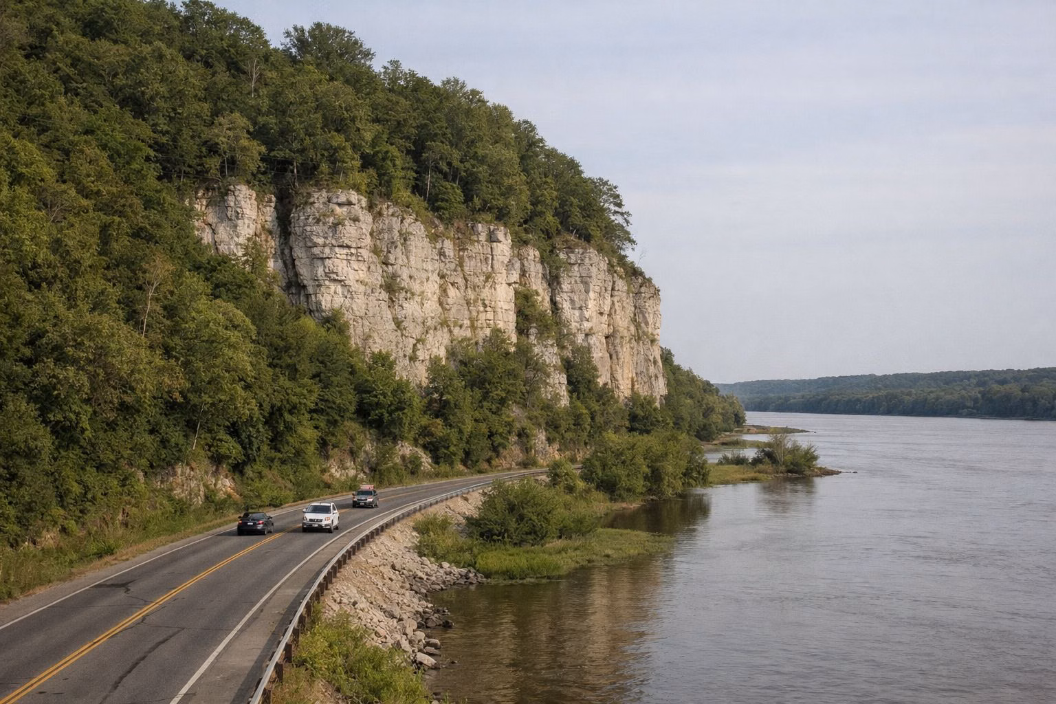 Tall pale limestone river bluffs with trees on top rising directly above a highway and the wide Mississippi River