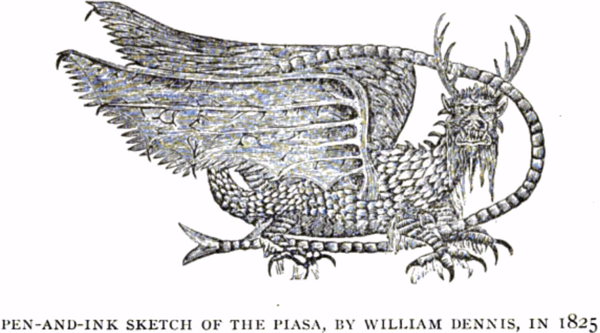 Pen-and-ink sketch of the Piasa, a winged, scaled and antlered creature, by William Dennis, 1825