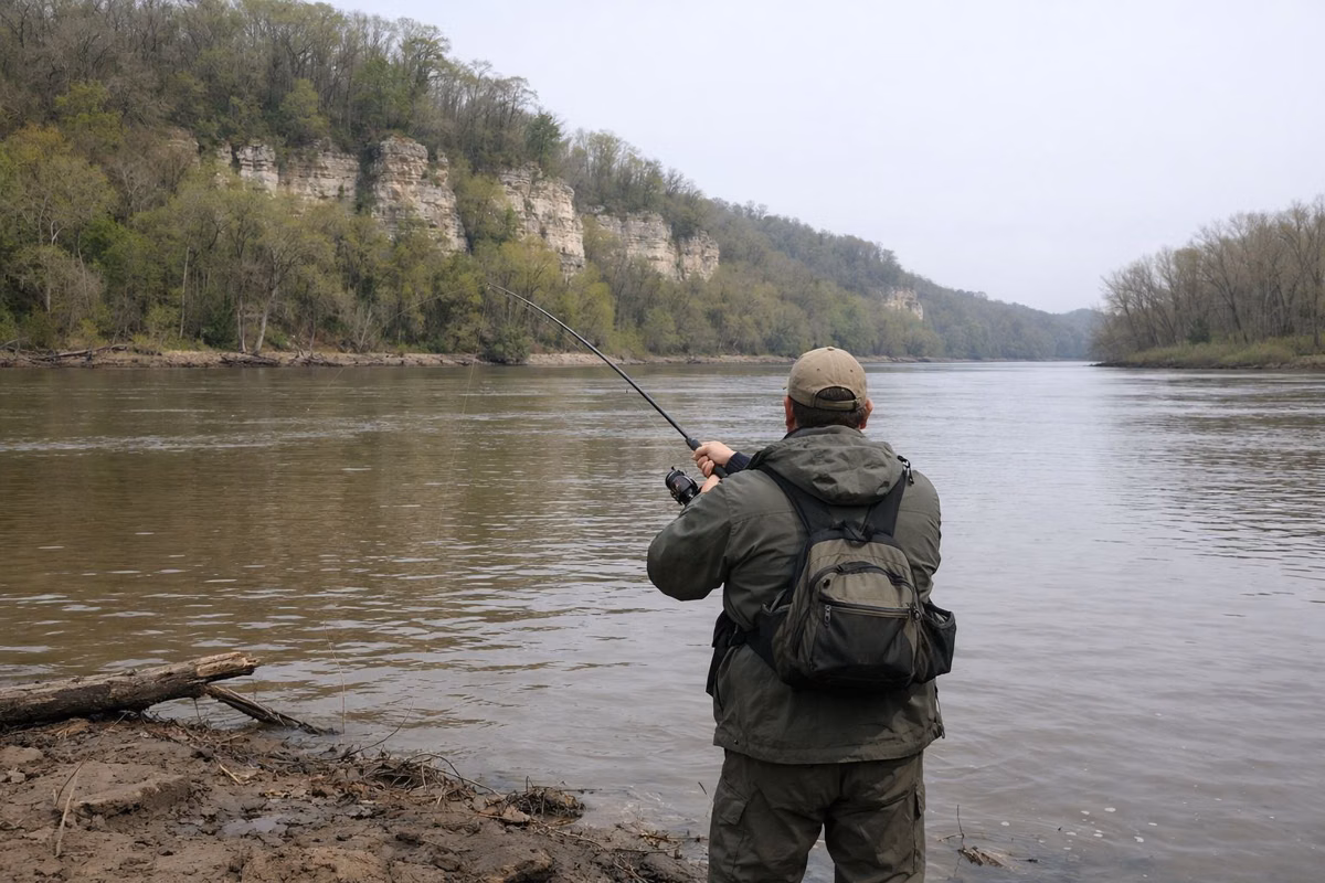 An angler seen from behind casting from a muddy riverbank into a wide brown river