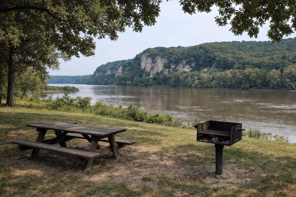 A wooden picnic table and charcoal grill under large shade trees in a grassy picnic area