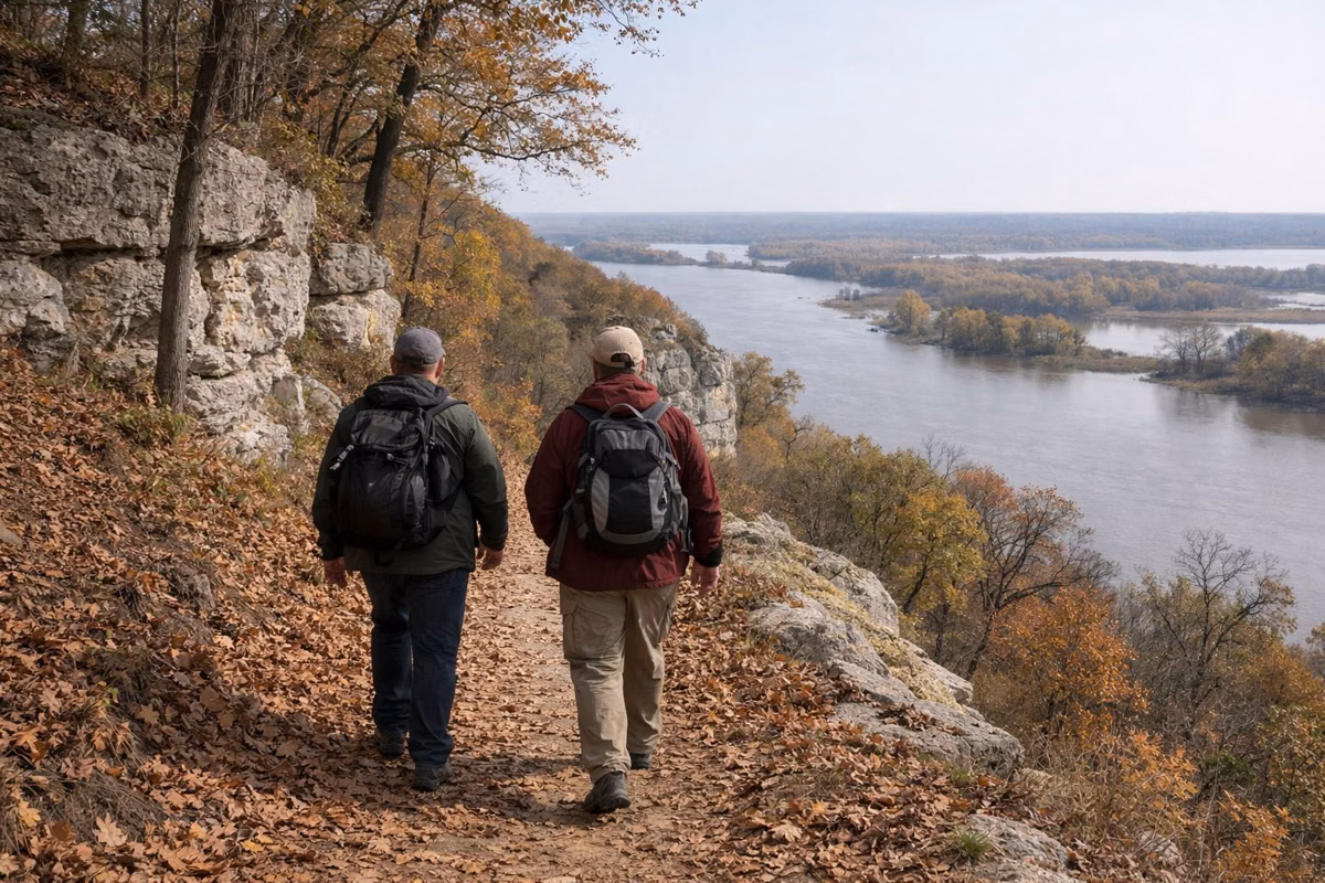 Two hikers walking a leaf-covered dirt trail through oak and hickory forest