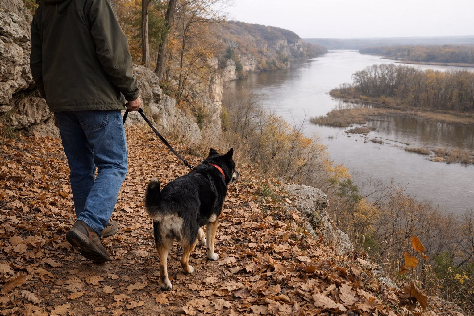 A leashed dog walking beside its owner seen from behind on a leaf-covered forest trail