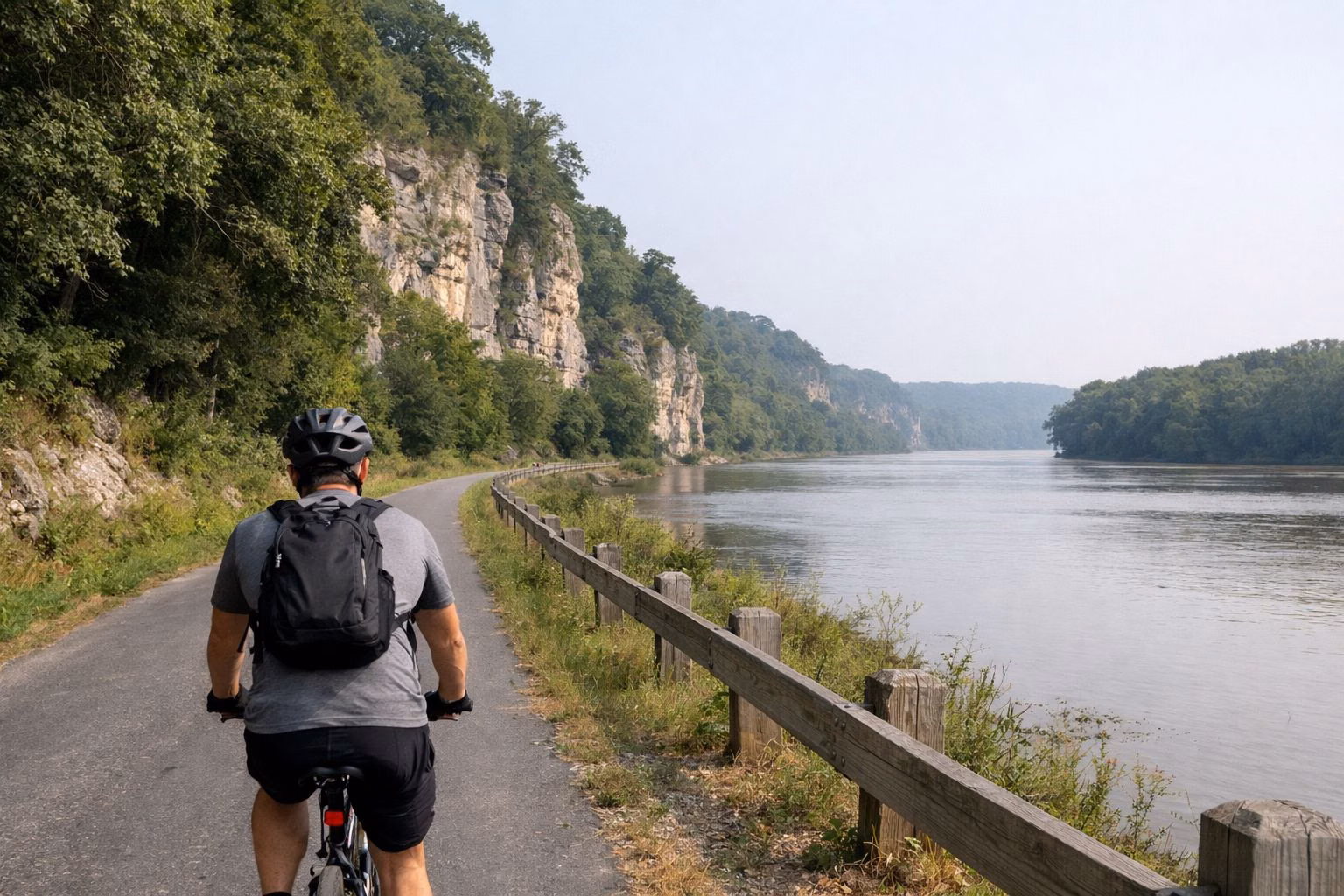 A cyclist in a helmet seen from behind on a paved bike path running between tall limestone bluffs and a wide river