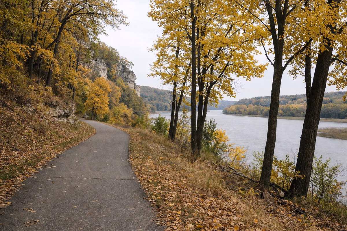 A paved multi-use trail curving through trees with yellow leaves, river visible through the trunks