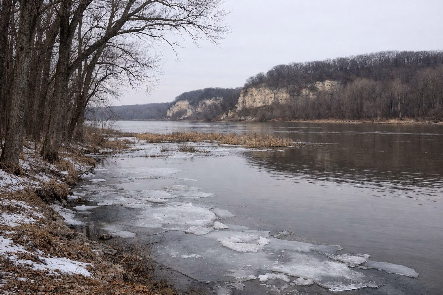 Bare trees along a partly frozen river backwater, ice and open water under a gray sky