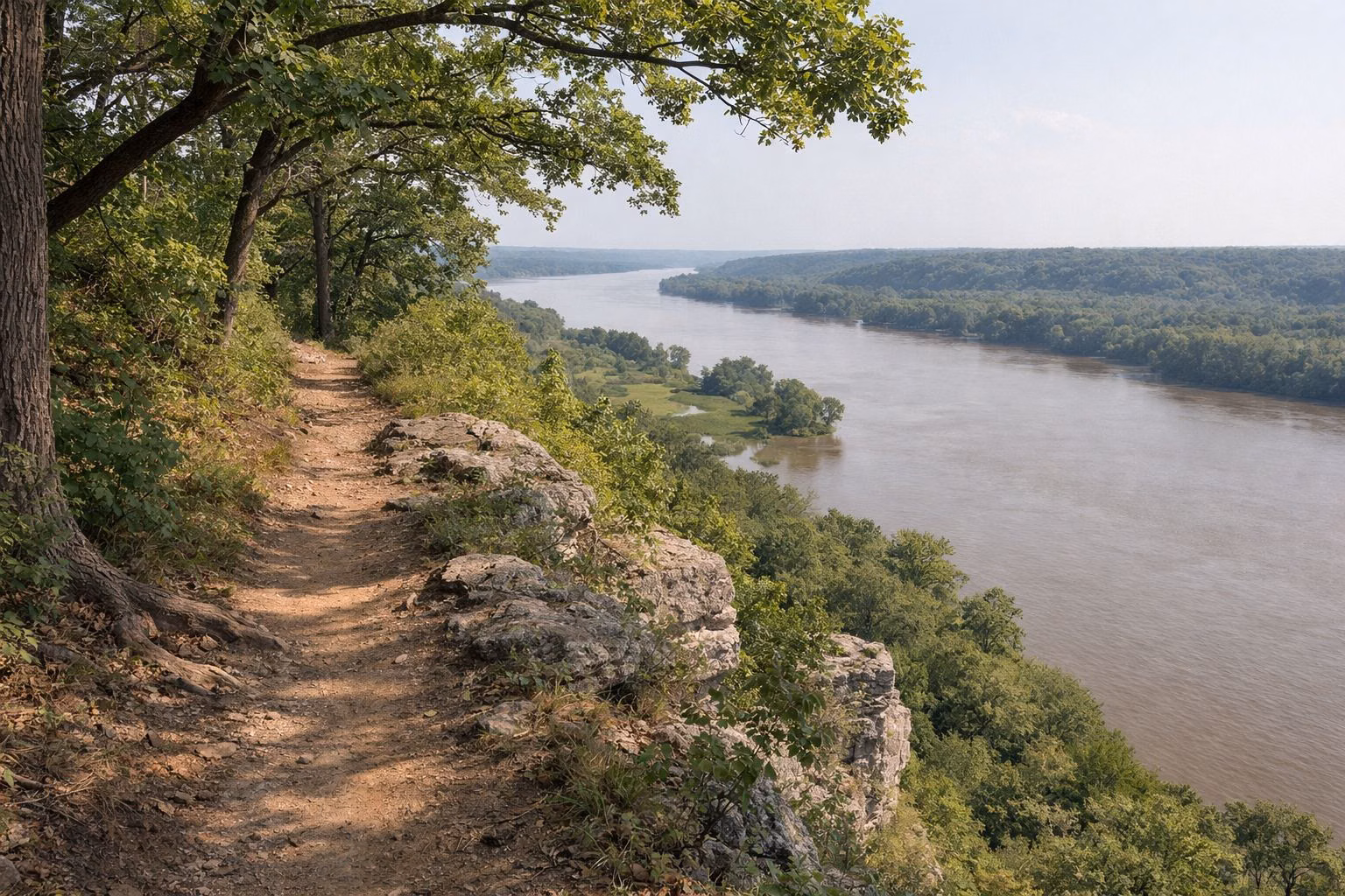 A narrow dirt hiking trail following a forested ridge line, sunlight through oak leaves