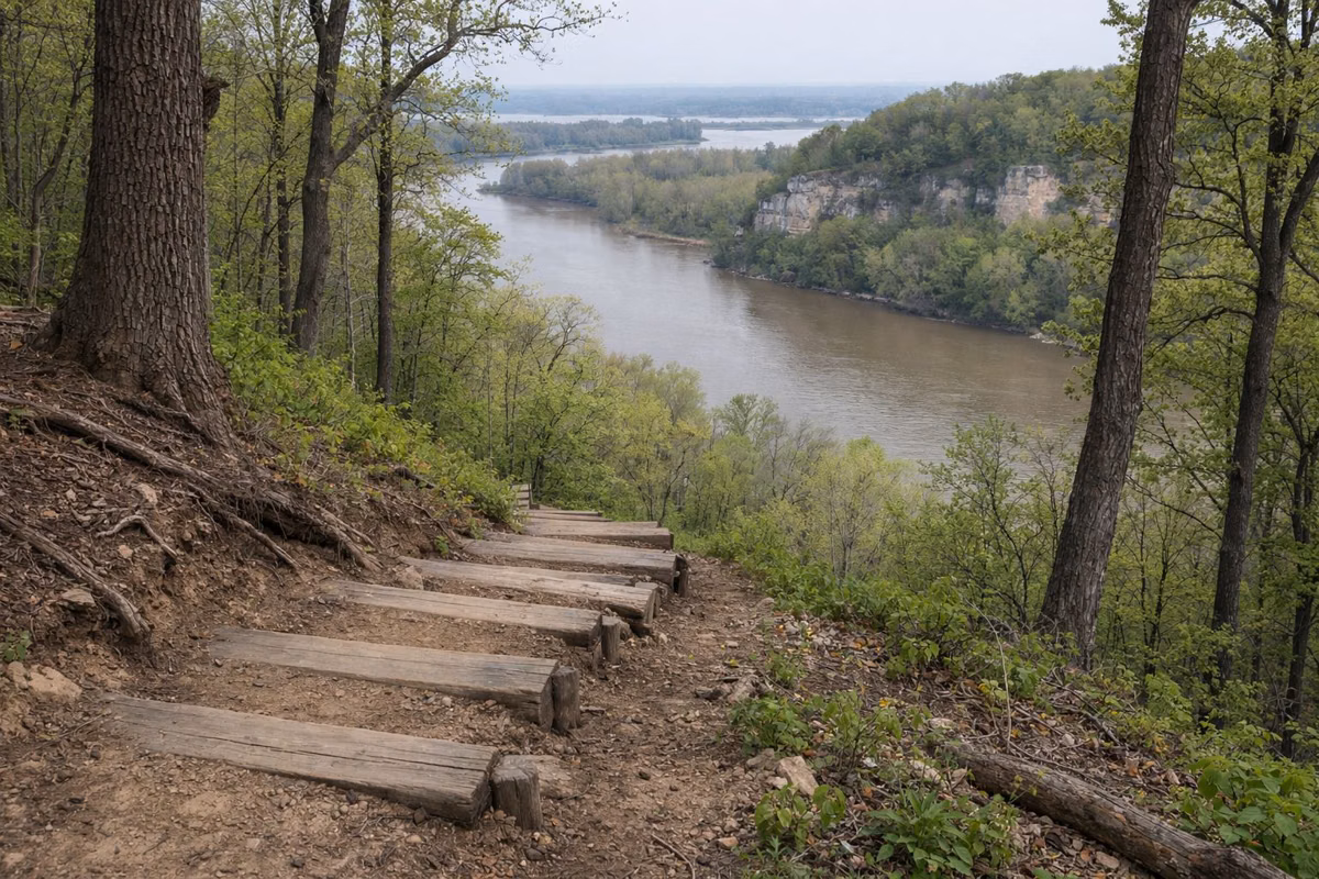 Rustic timber steps set into a steep dirt hillside trail in green spring woods