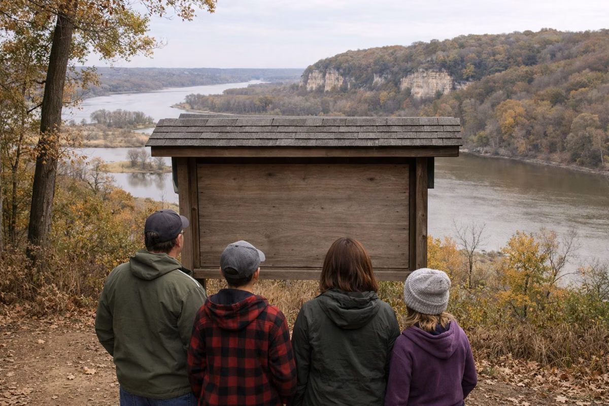A family seen from behind reading a blank wooden trailhead information board at the edge of a forest